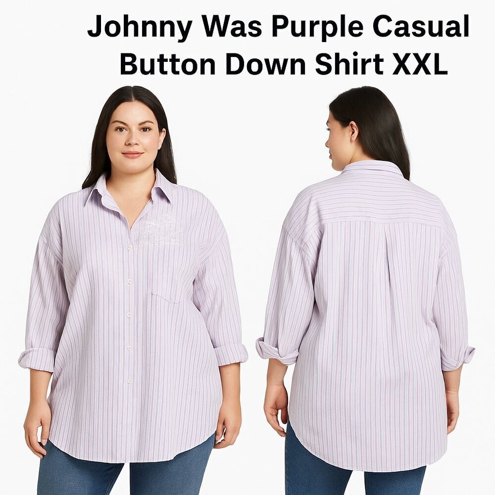 Johnny Was Striped Button Down Shirt Purple XXL Embroidered Casual